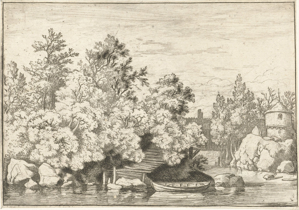 Detail of landscape with covered bridge by Allaert van Everdingen