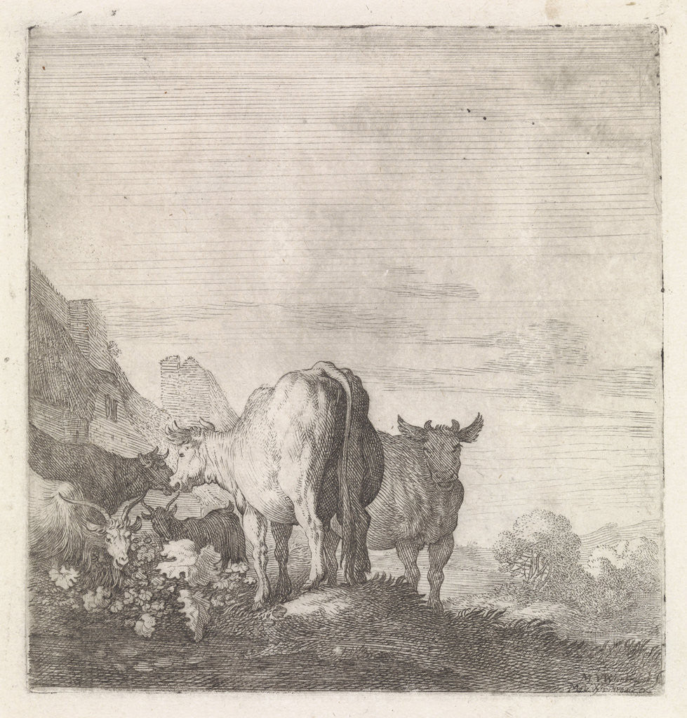 Detail of Cows and goats in a landscape with houses by Matheus Moysesz. van Wtenbrouck