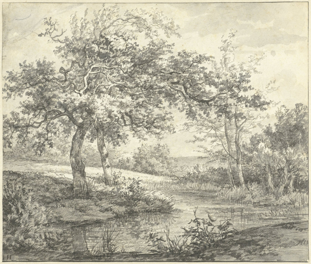 Detail of Landscape with trees on water by Jan Hulswit