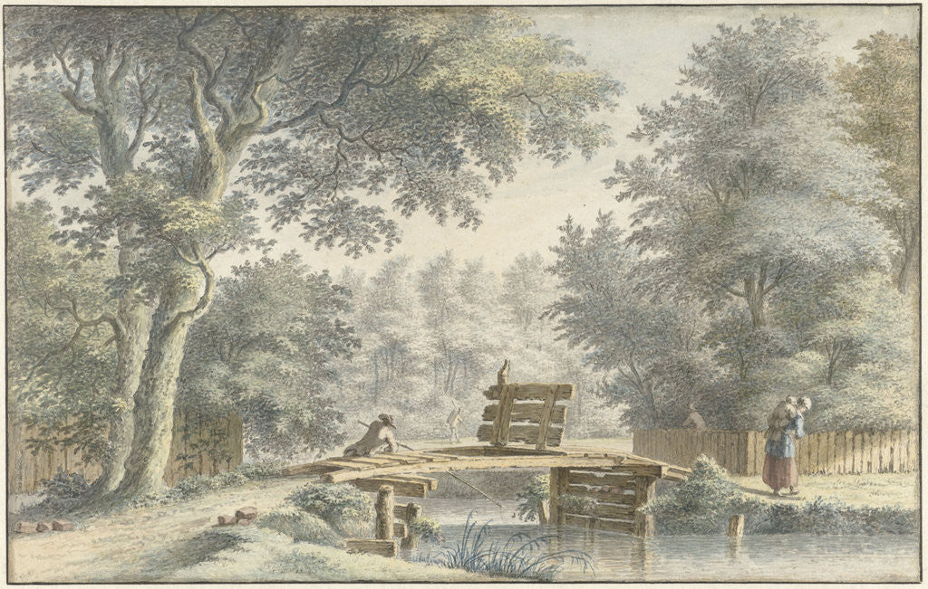 Detail of Landscape with a bridge on which sits an angler by Gerard van Rossum