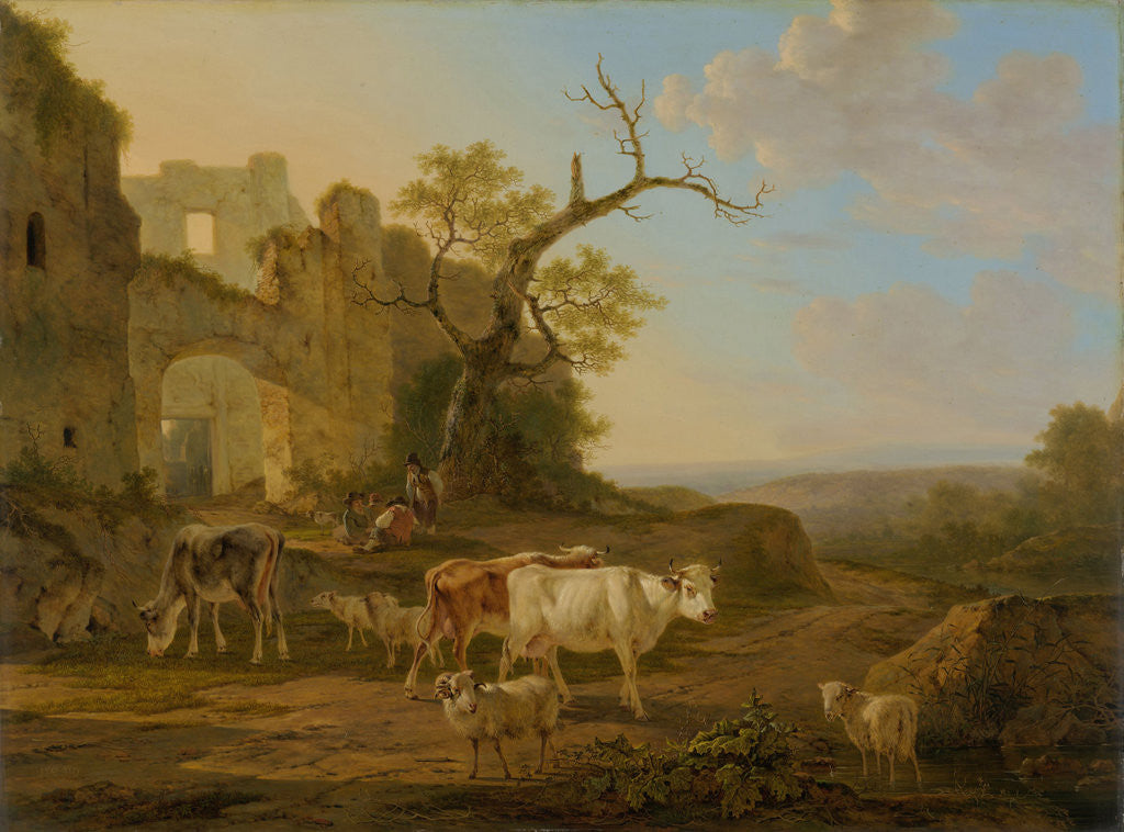 Detail of Landscape with Cows near a Ruin by Jacob van Strij