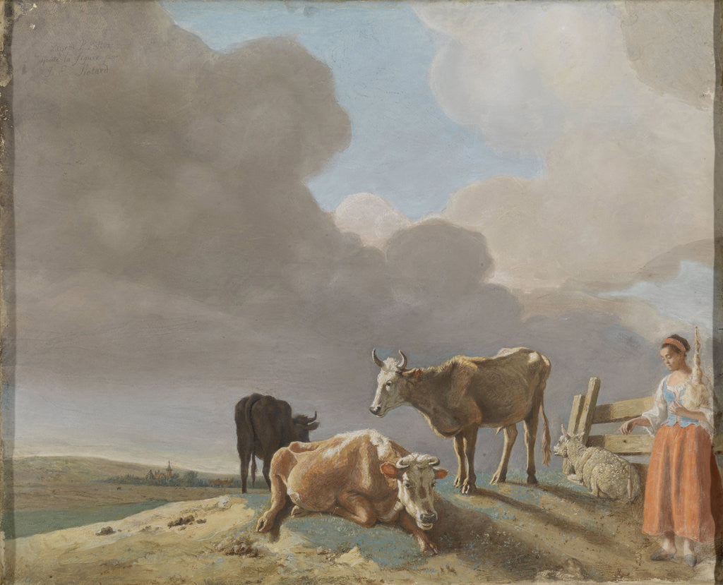 Detail of Landscape with cows, sheep and shepherdess by Jean-Etienne Liotard