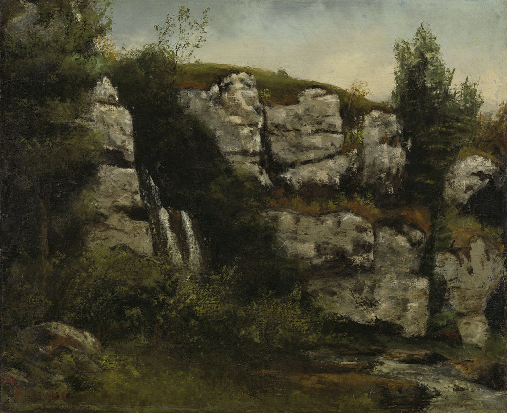 Detail of Landscape with Rocky Cliffs and a Waterfall by Gustave Courbet