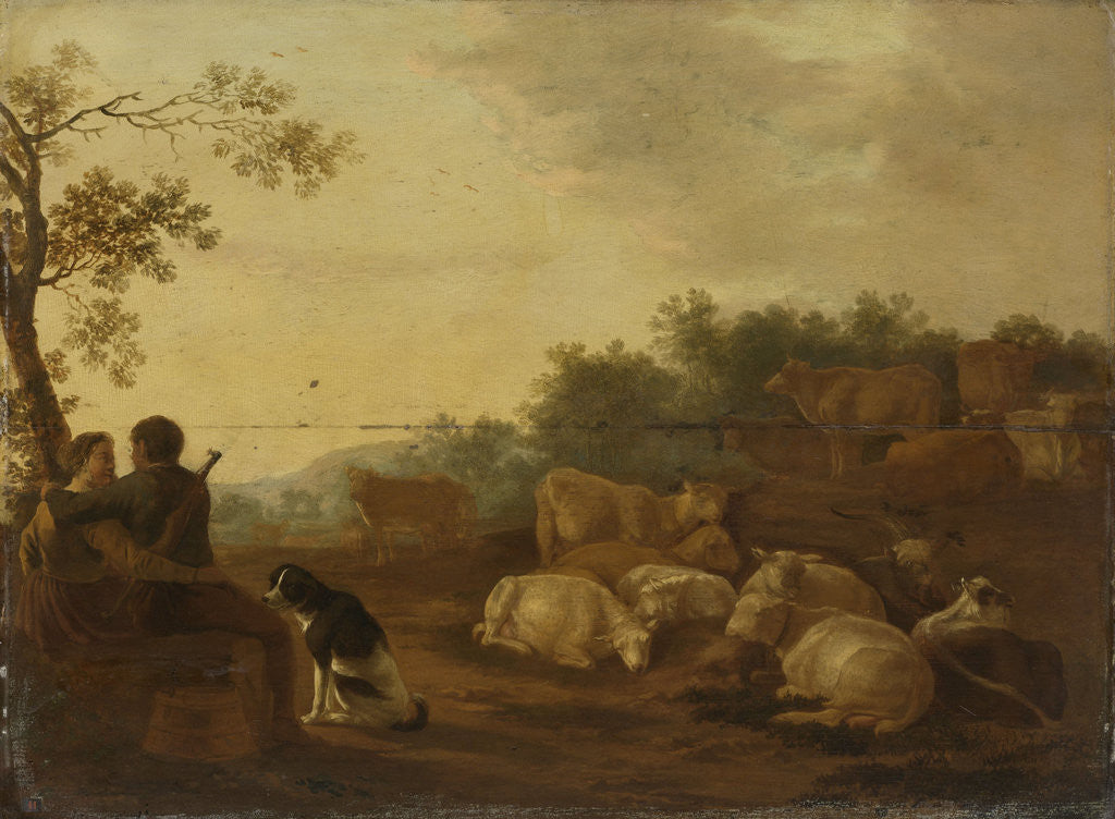 Detail of Landscape with sheperd, sheperdess and cattle by Willem Ossenbeeck