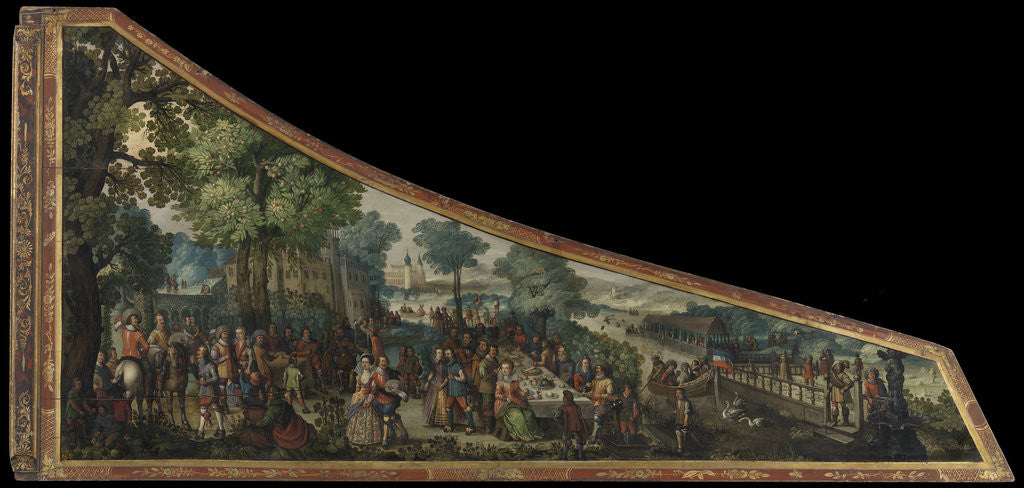 Detail of A painting on a harpsichord lid with a party by a river by Philip Schey