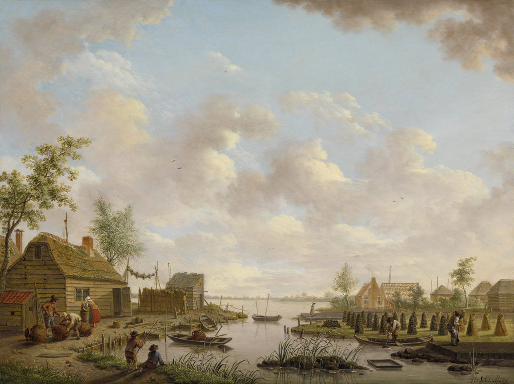 Detail of Landscape with Fishermen and Farmers Extracting Peat in a Marsh by Hendrik Willem Schweickhardt