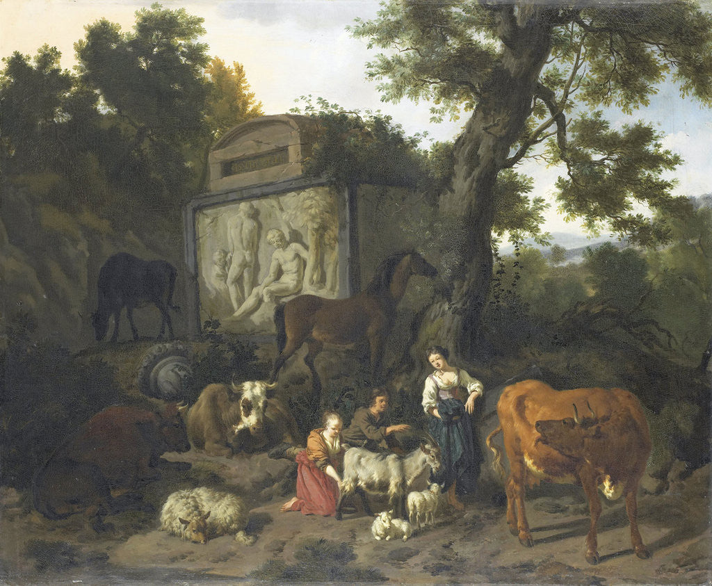 Detail of Landscape with Herdsmen and Livestock near a Mausoleum by Dirck van Bergen