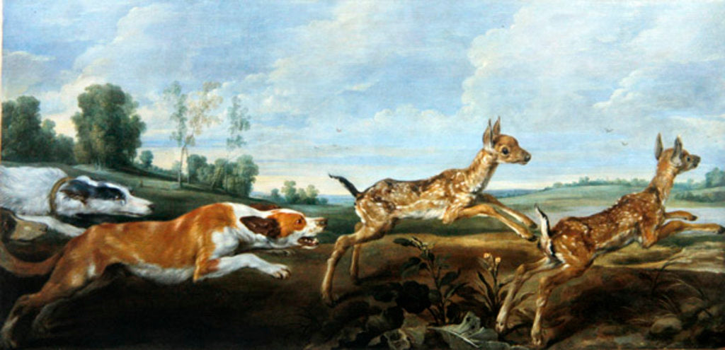 Detail of A hunting scene: dogs chasing two fauns by Paul de Vos