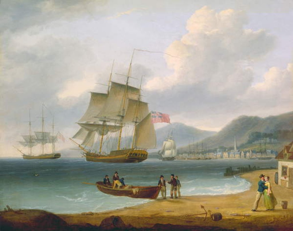 Detail of Merchant Ships Under Sail and at Anchor off a Town by William Anderson