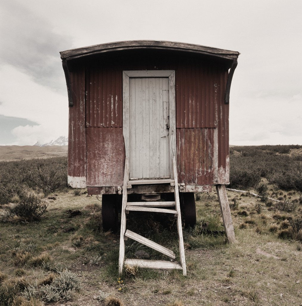 Detail of A dilapidated mobile home with crumbling staircase by Corbis