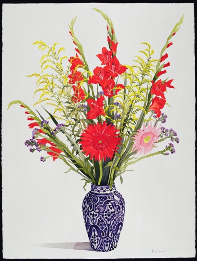 Detail of Tiger Lilies, Gladioli and Scabious in a Blue Moroccan Vase by Christopher Ryland