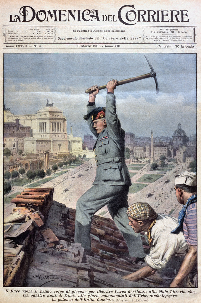 Detail of Mussolini with a Pickaxe on the Cover of La Domenica del Corriere by Corbis