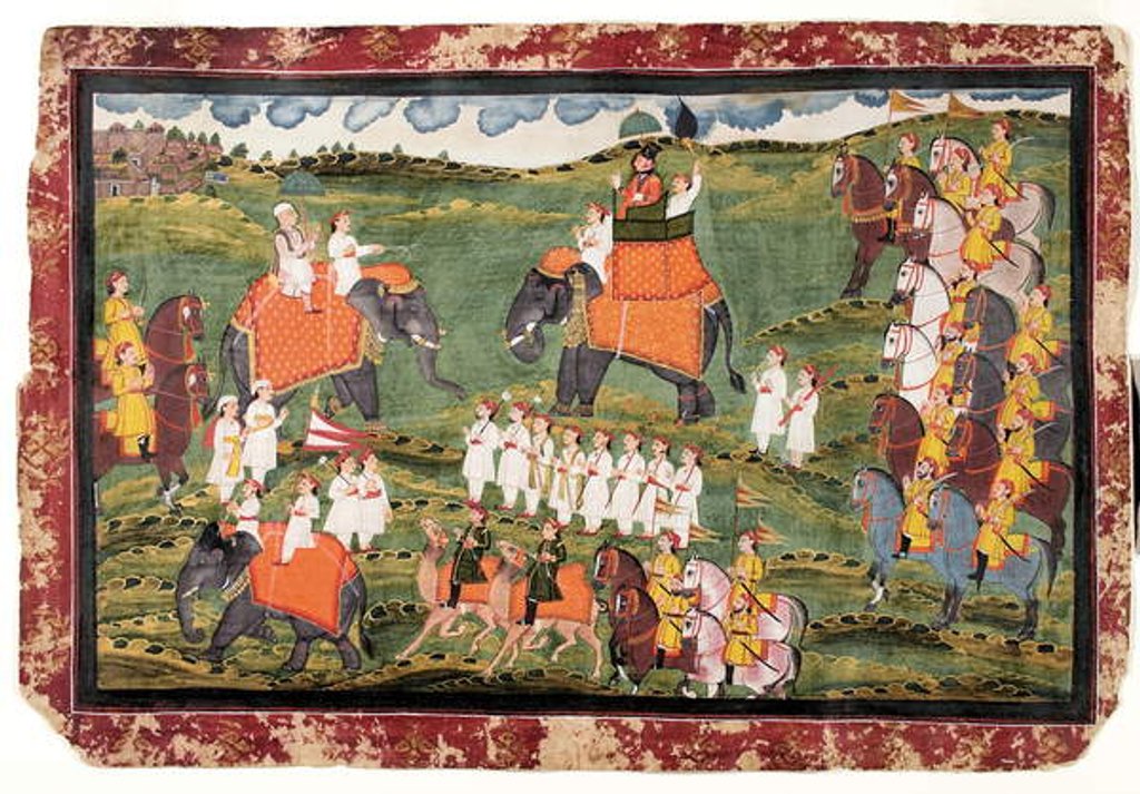 Detail of Colonel James Tod and Guru Gyanchandra riding elephants near Udaipur, October 1822 by Rajasthani School