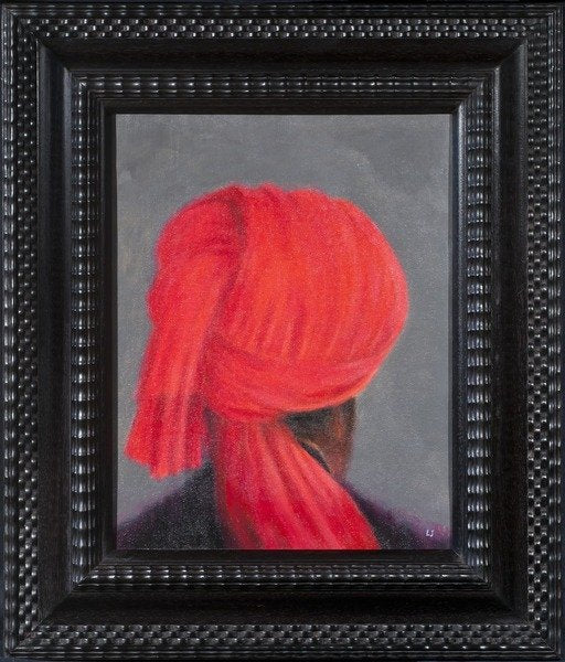 Detail of Red Turban on Grey, 2014 by Lincoln Seligman