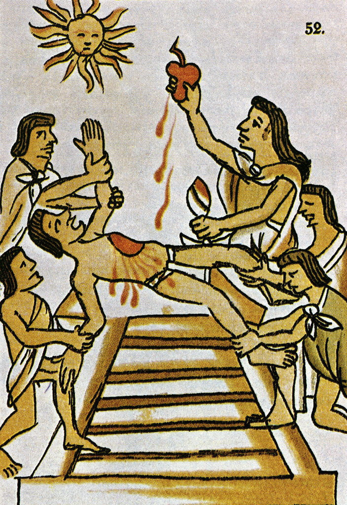 Detail of Aztec Priest Holding Beating Heart from the Florentine Codex by Corbis