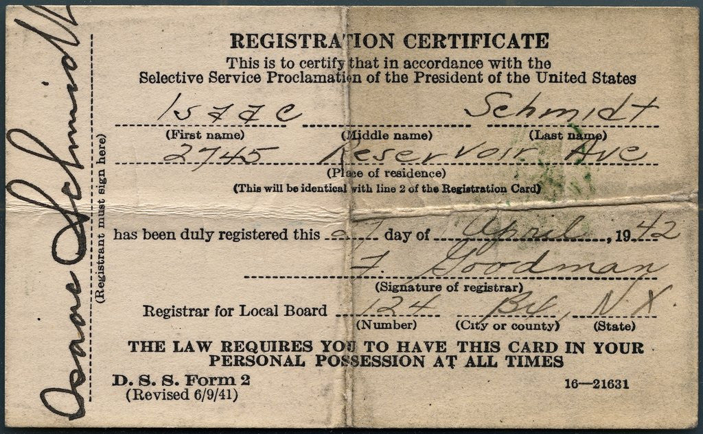 Detail of Front side of Selective Service Registration Certificate by Corbis