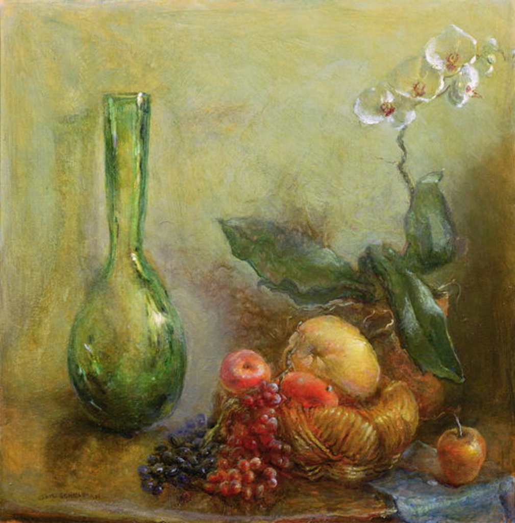 Detail of Orchid with Basket of Fruit and Green Vase by Gail Schulman