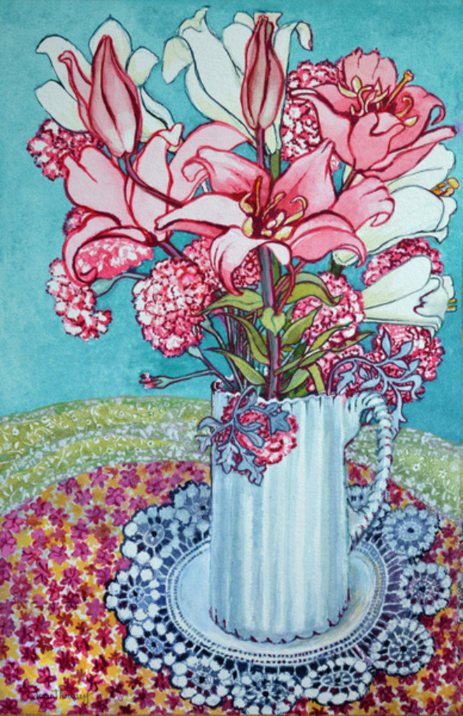 Detail of Pink Lilies in a Jug, with Lace, 2000 by Joan Thewsey