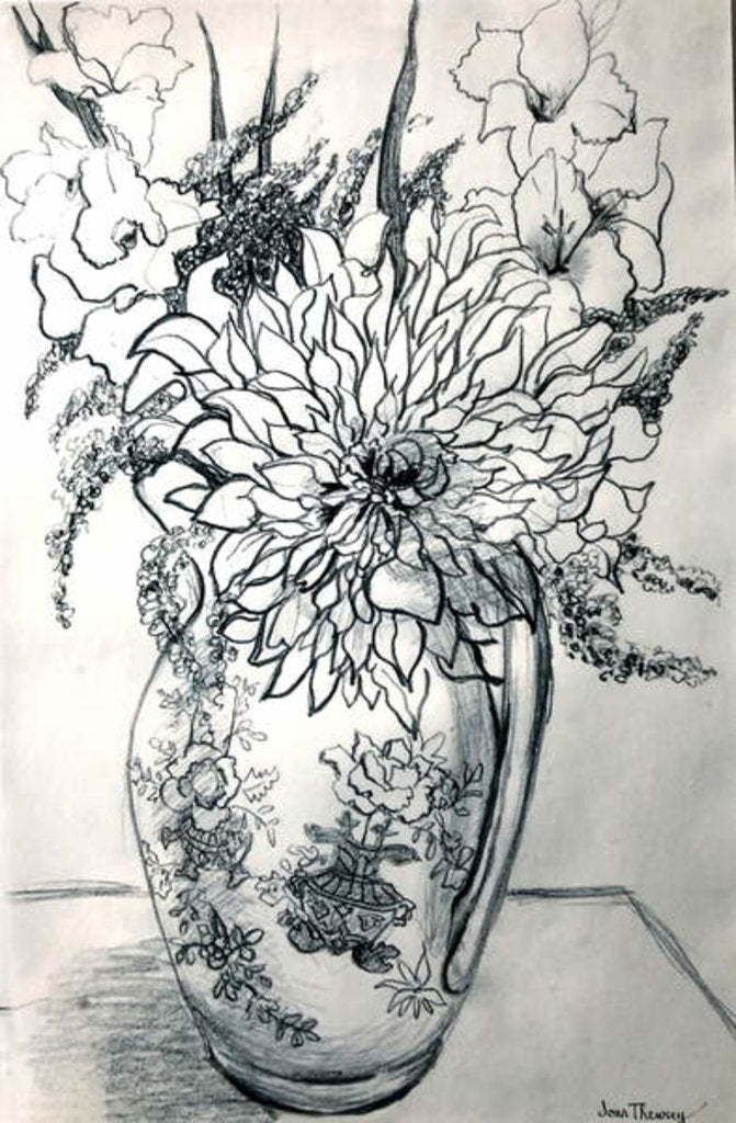 Detail of Dahlias and Gladioli in a Chinese Patterned Jug by Joan Thewsey