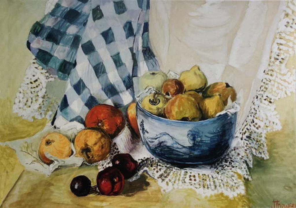 Detail of Still life with a Blue Bowl, Apples, Pears, Textiles and Lace by Joan Thewsey