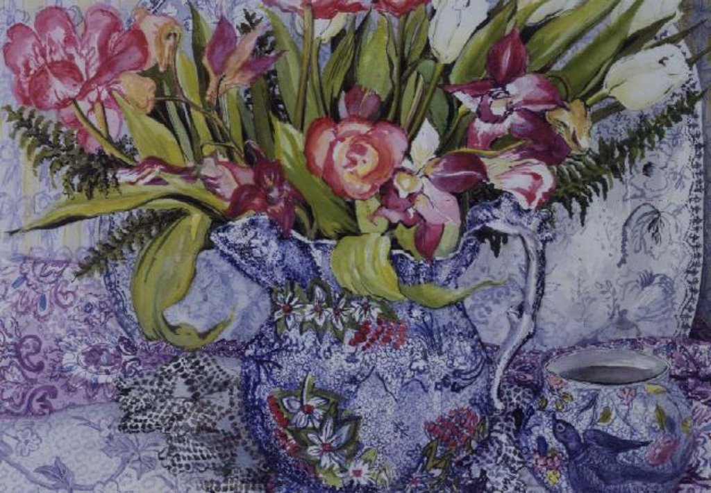 Detail of Pink and White Tulips, Orchids and Blue Antique China by Joan Thewsey