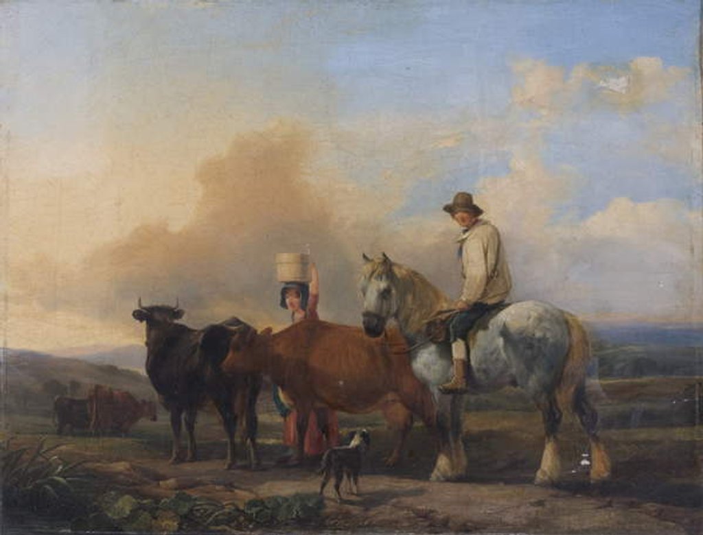 Detail of Landscape with Figures and Cattle by B. (19th century) Wall