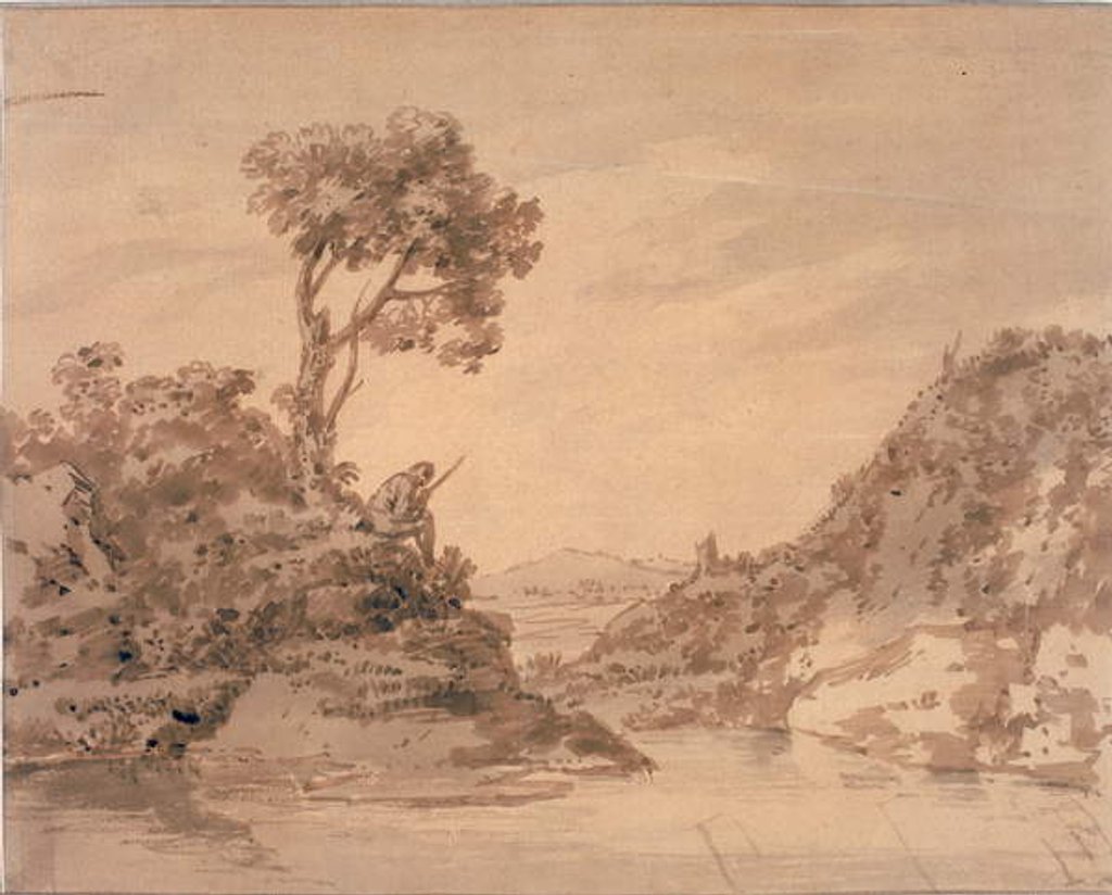 Detail of Landscape with Figure on the Bank of a Pool by Alexander Cozens