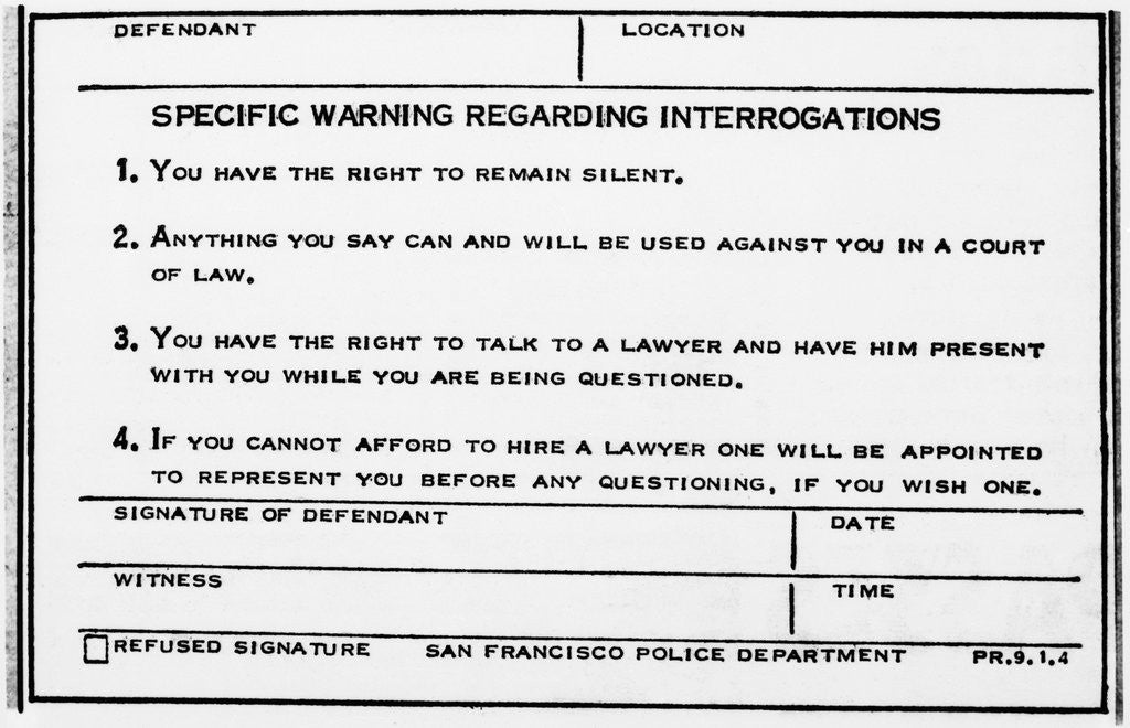 Detail of Photocopy of the Miranda Warning by Corbis