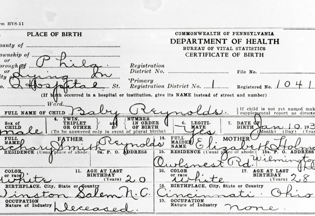 Detail of Libby Holman Reynolds Birth Certificate by Corbis