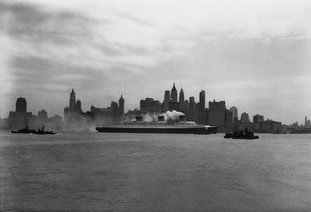 Detail of Ocean Liner Passing New York Skyline by Corbis