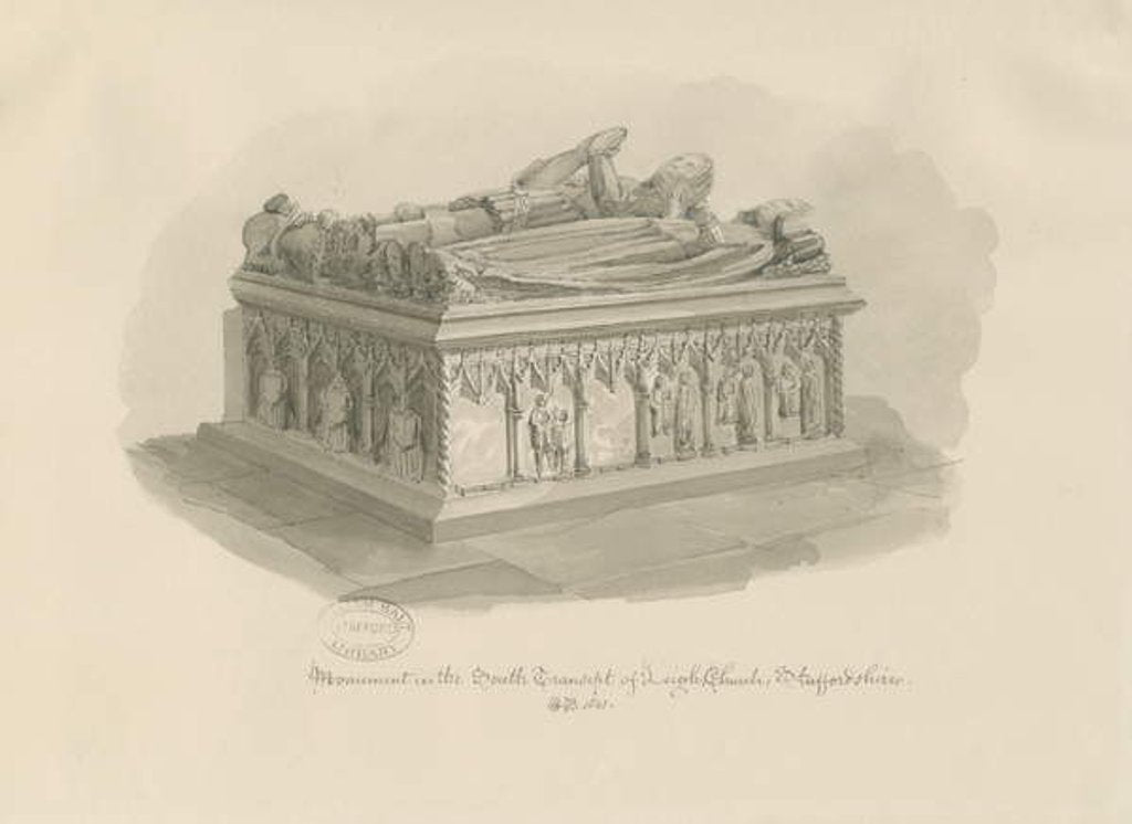 Detail of Leigh Church - Monument of Sir John Aston: sepia drawing, 1841 by George Buckler