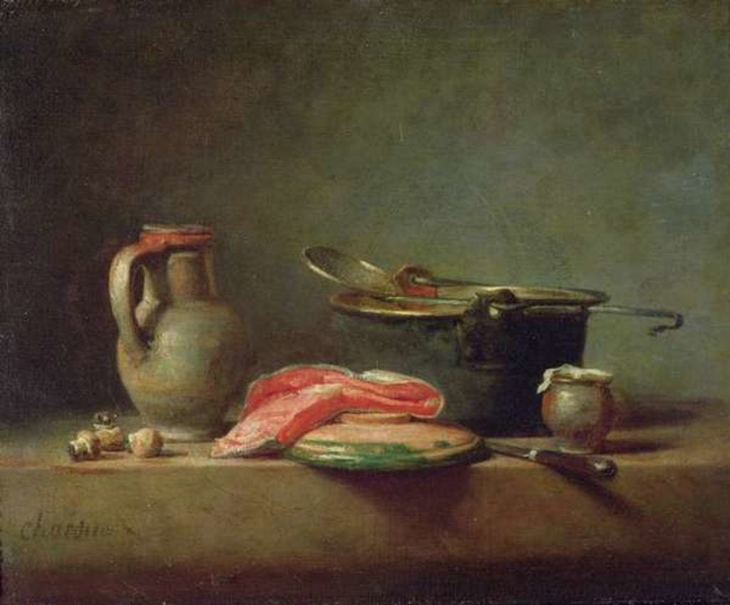 Detail of Copper Cauldron with a Pitcher and a Slice of Salmon by Jean-Baptiste Simeon Chardin