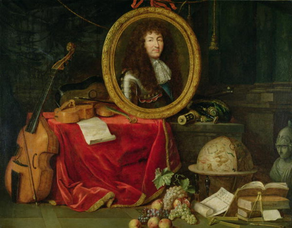 Detail of Still life with portrait of King Louis XIV surrounded by musical instruments, flowers and fruit by Jean Garnier