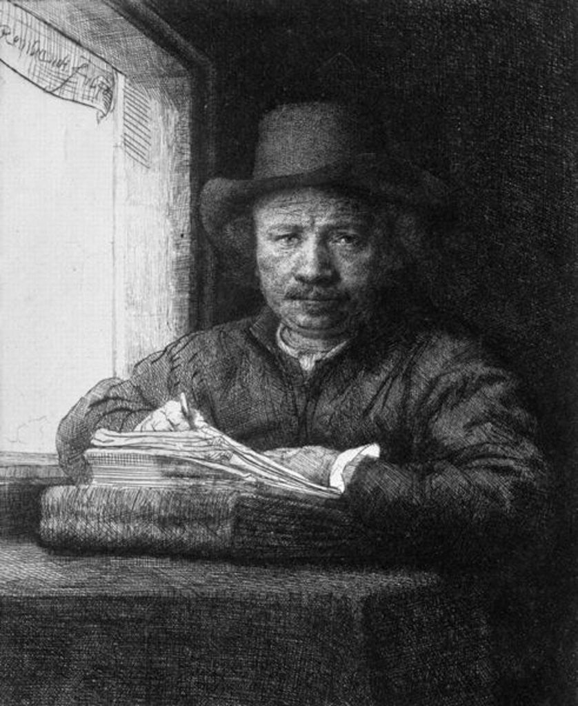 Detail of Self portrait while drawing by Rembrandt Harmensz. van Rijn