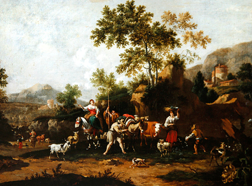 Detail of Italian landscape with figures and animals by Johannes van der Bent