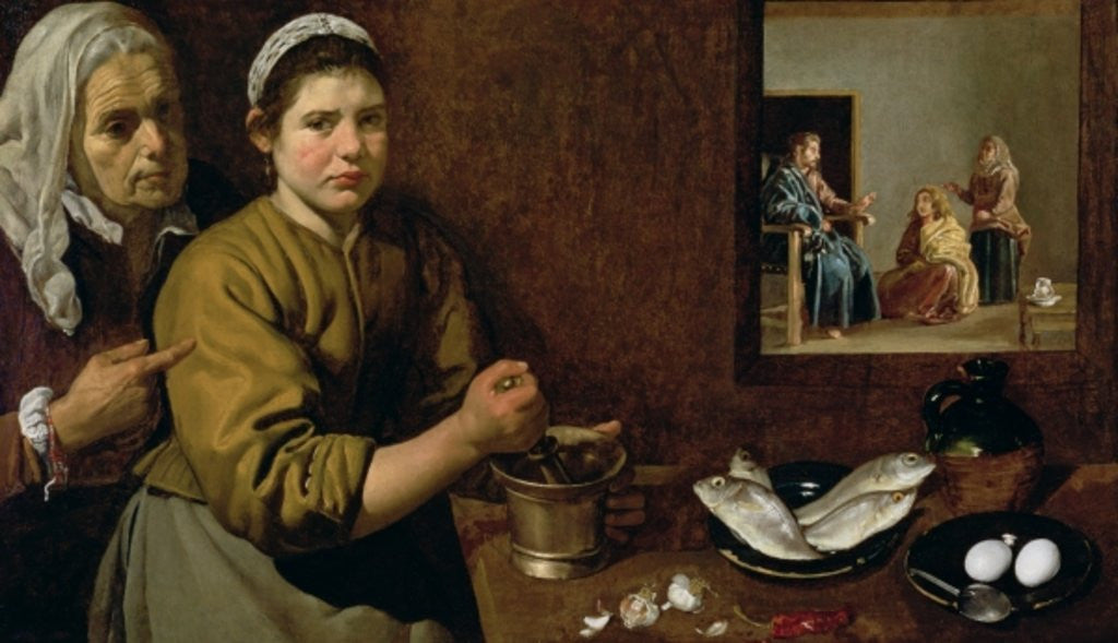 Detail of Kitchen Scene with Christ in the House of Martha and Mary by Diego Rodriguez de Silva y Velazquez