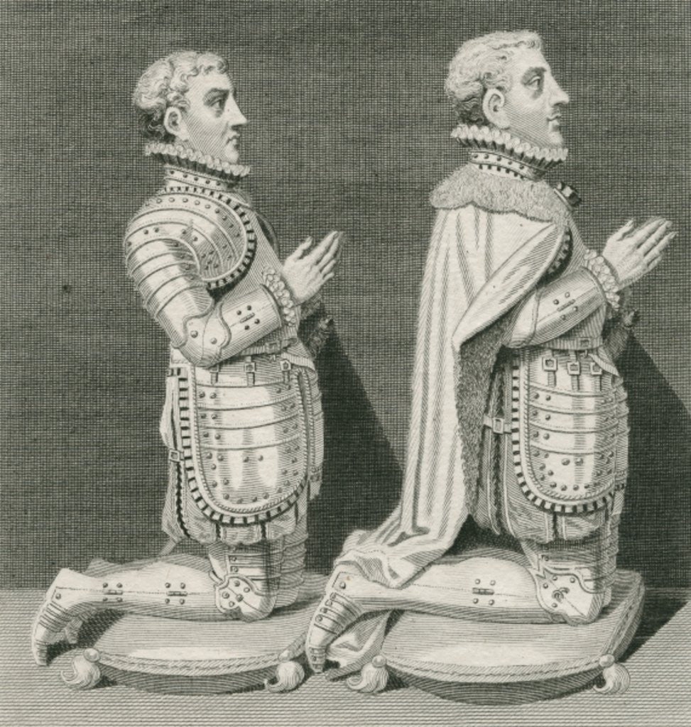 Detail of Henry Stuart, Lord Darnley and his brother Charles Stuart, Earl of Lennox, kneeling before their mother's tomb in Westminster Abbey by English School