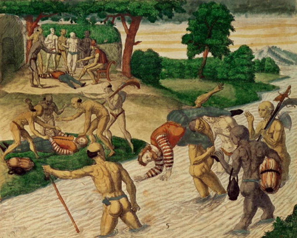 Detail of South American Indians drowning Spaniards to see if they are immortal by Theodor de Bry