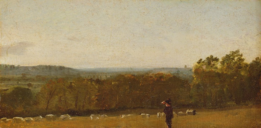 Detail of A Shepherd in a Landscape looking across Dedham Vale towards Langham by John Constable